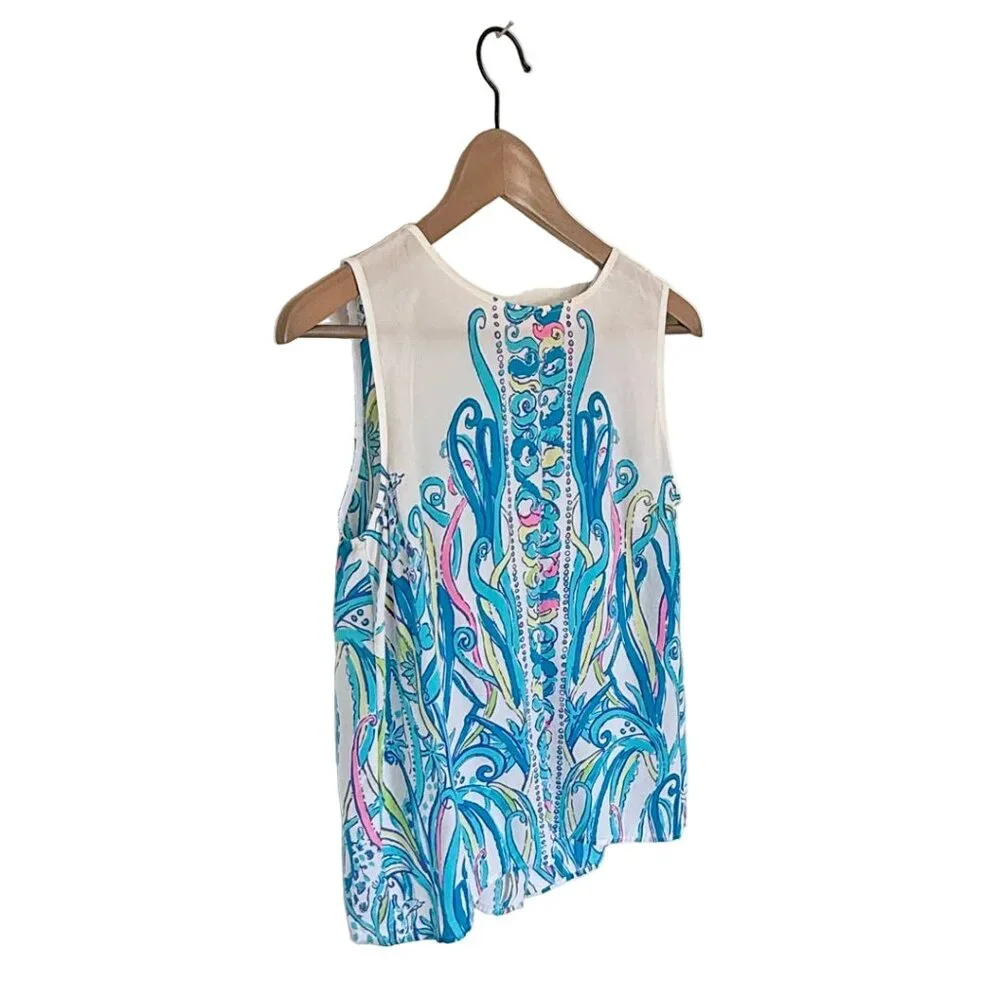 Lilly Pulitzer 100% Silk Tank Blouse, Blue Pattern with Gold Button Back, Size M - Picture 2 of 9